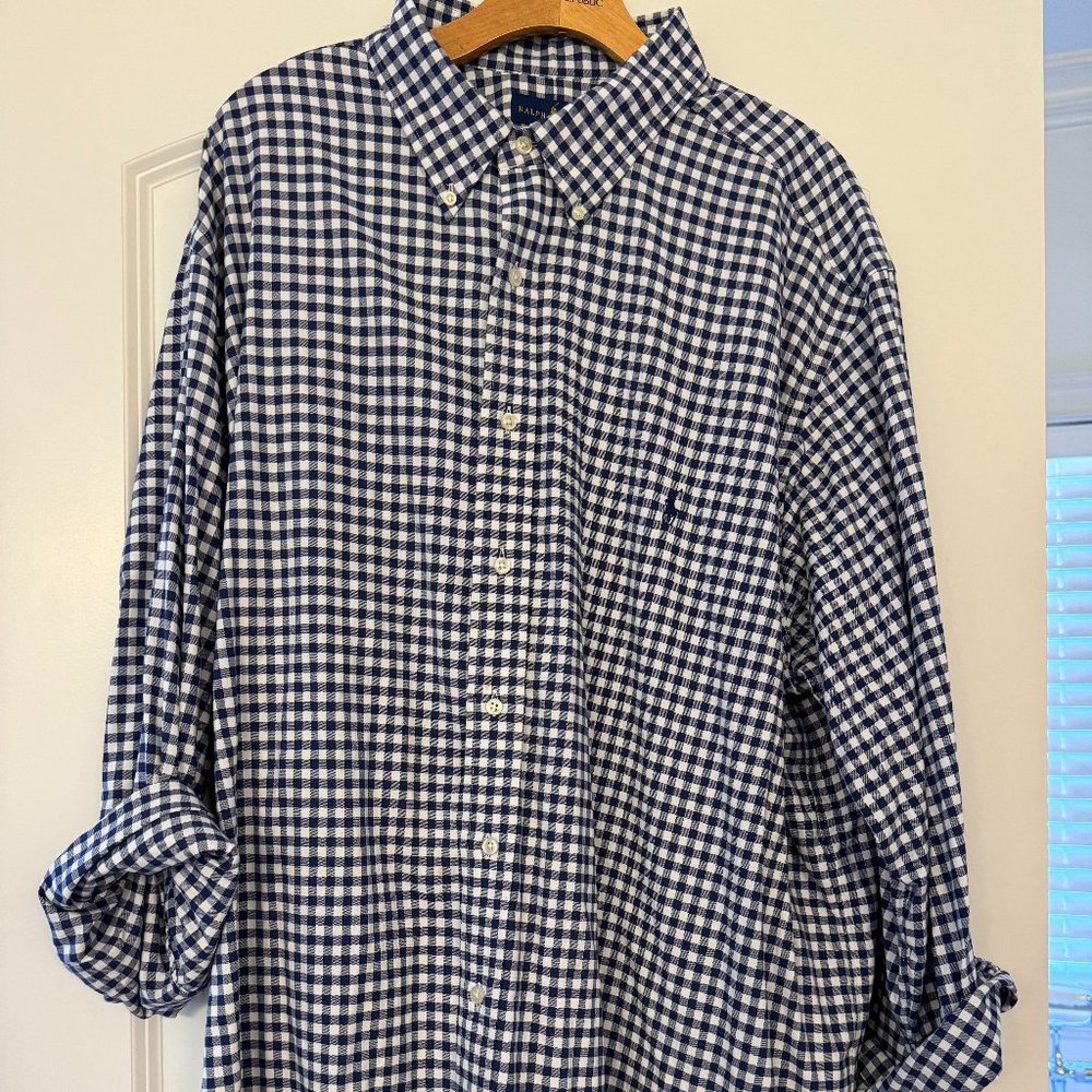 Mens Polo button down shirt, navy blue checkered, 2XB
